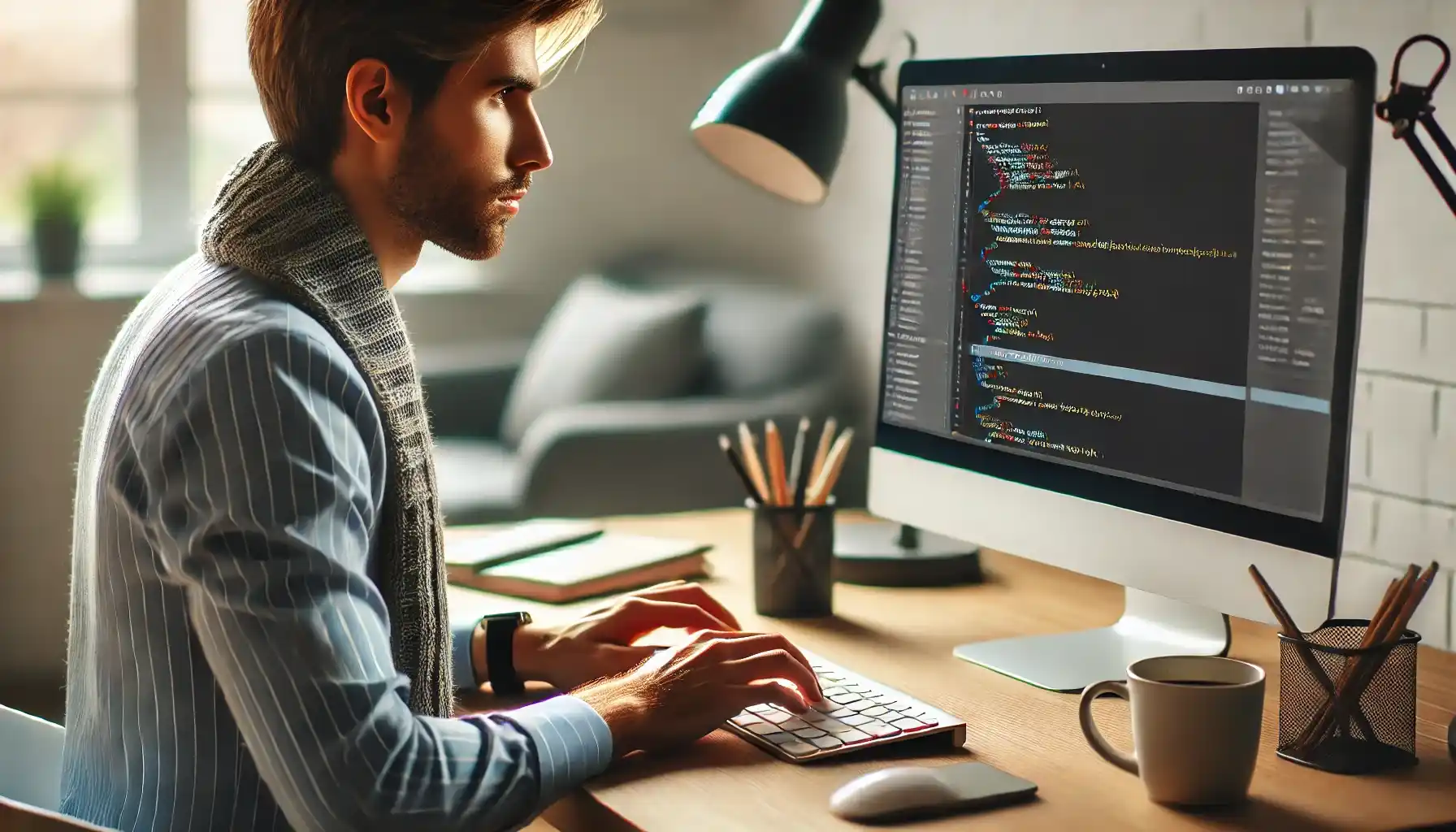 A developer sitting at a desk, typing on a keyboard while coding on a computer while creating a project for coin identifying.