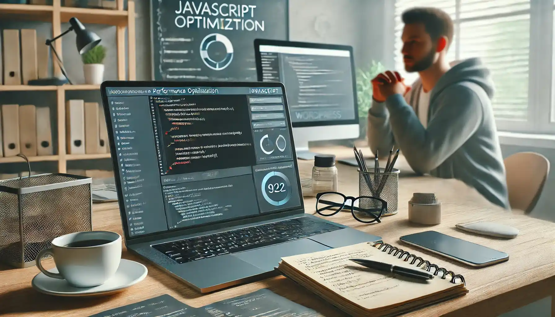 a web developer's workspace with a laptop displaying JavaScript code and optimization plugins on a WordPress dashboard.