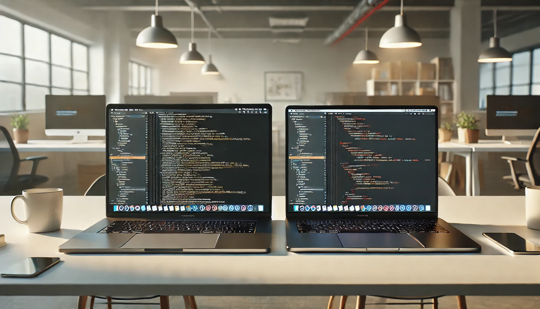 two laptops standing side by side on a table in a modern office environment. The screen of the first laptop shows a long line of code, filling up most of the screen, while the second laptop's screen displays a short, concise line of code.
