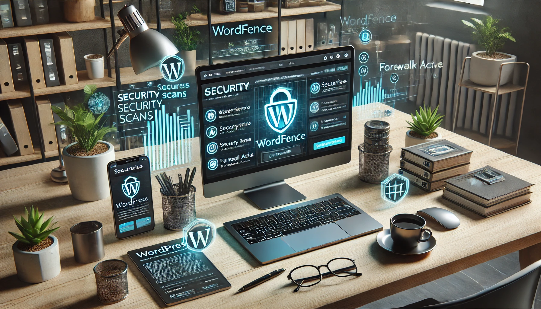 a WordPress website on a laptop showing security plugins like Wordfence and Sucuri active.