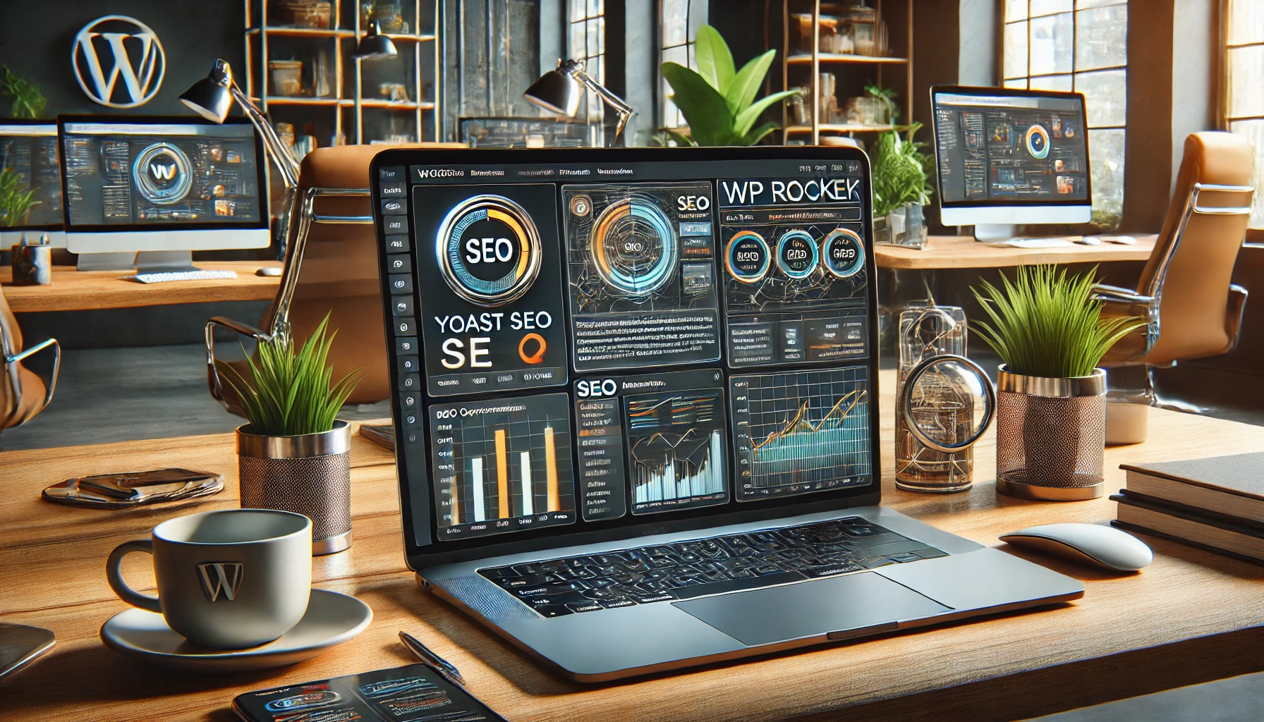 a modern WordPress website open on a laptop, focusing on SEO optimization tools with plugins like Yoast SEO and WP Rocket displayed.