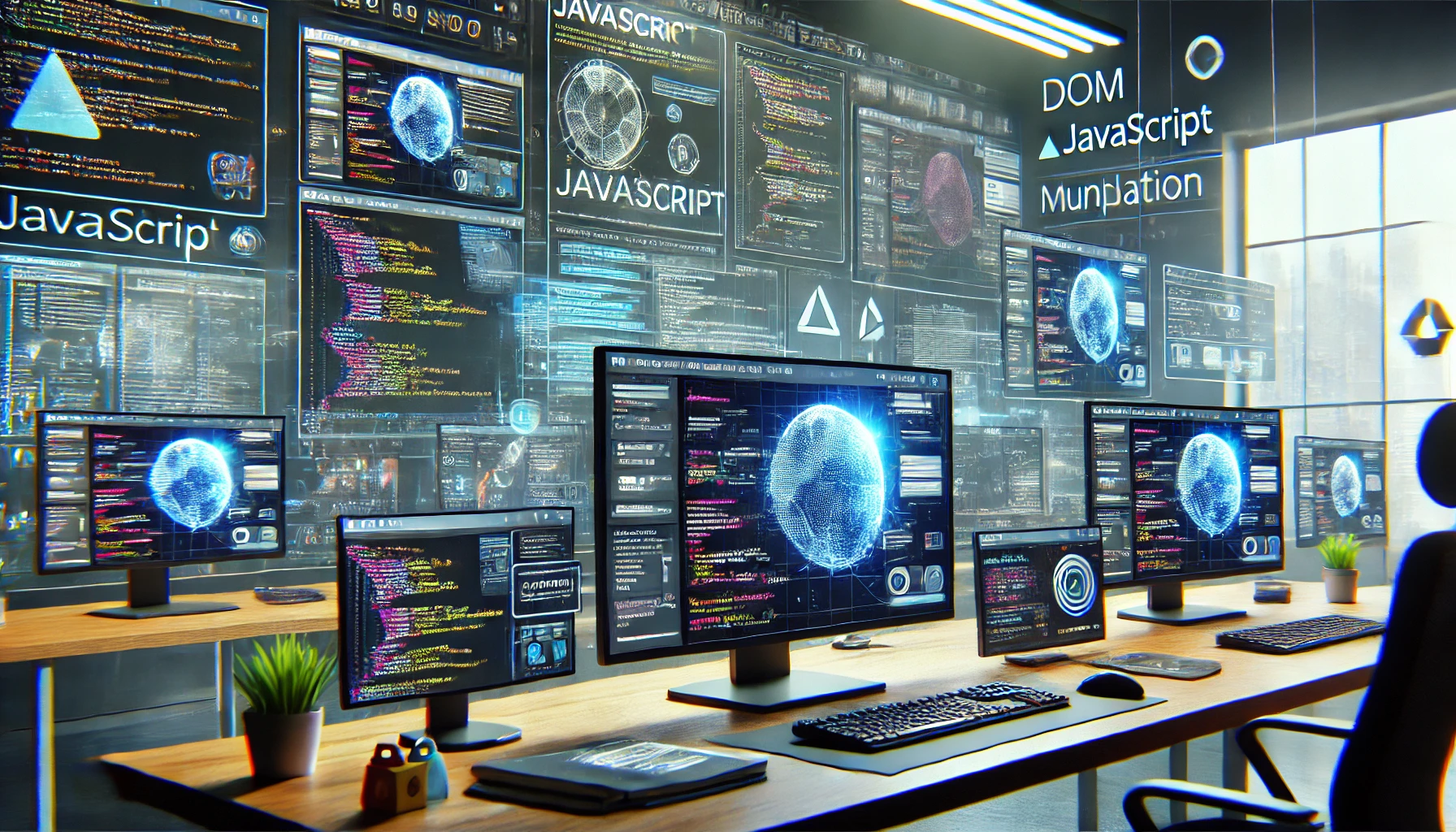 A dynamic and interactive website displayed on multiple screens in a developer's workspace.