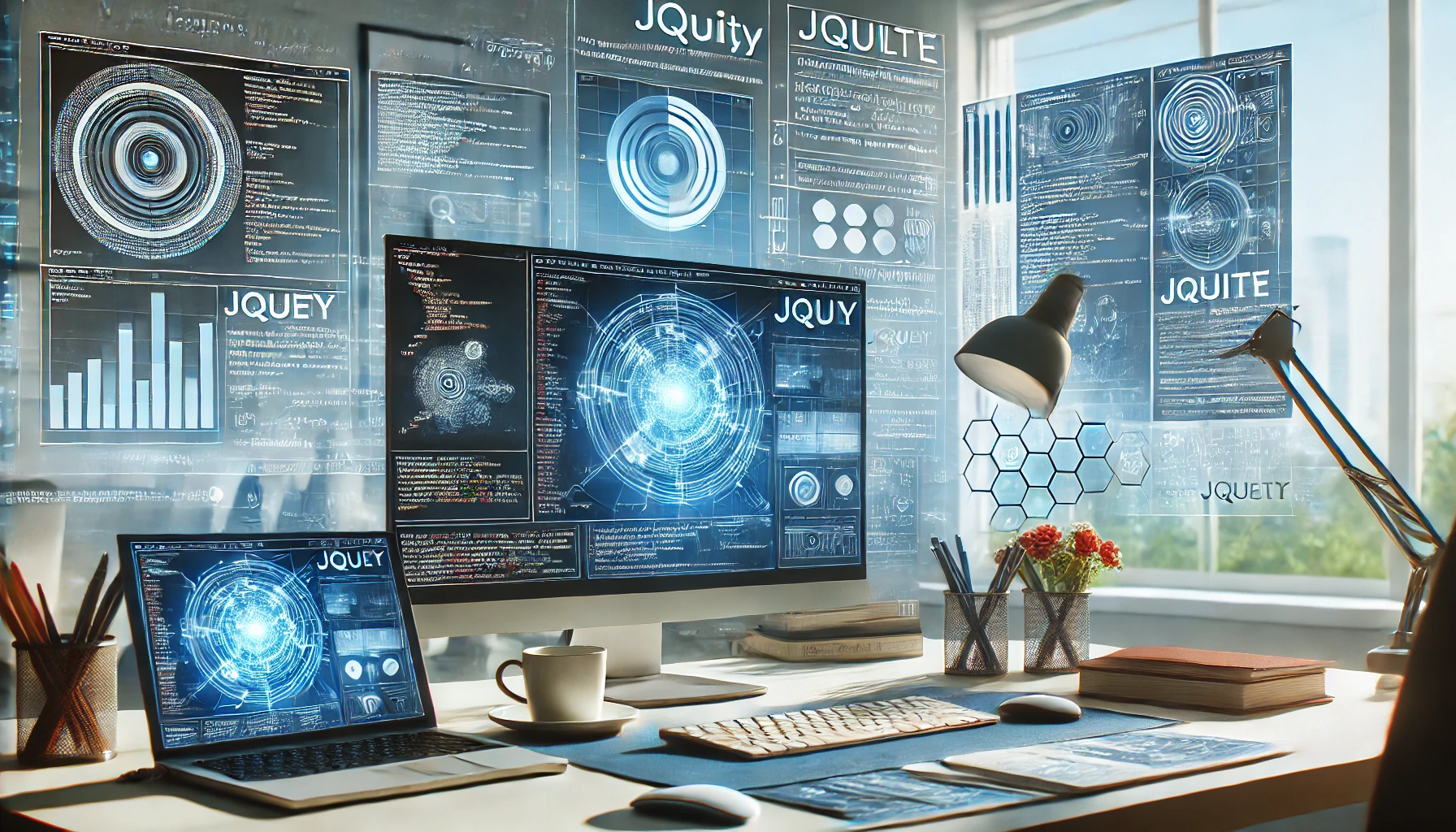 :A developer's workspace with multiple screens displaying jQuery code, dynamic web pages, and interactive elements like animations and forms. The setting includes coding elements, charts, and a bright, professional office environment. The focus is on using jQuery to enhance user experience and create interactive web applications.