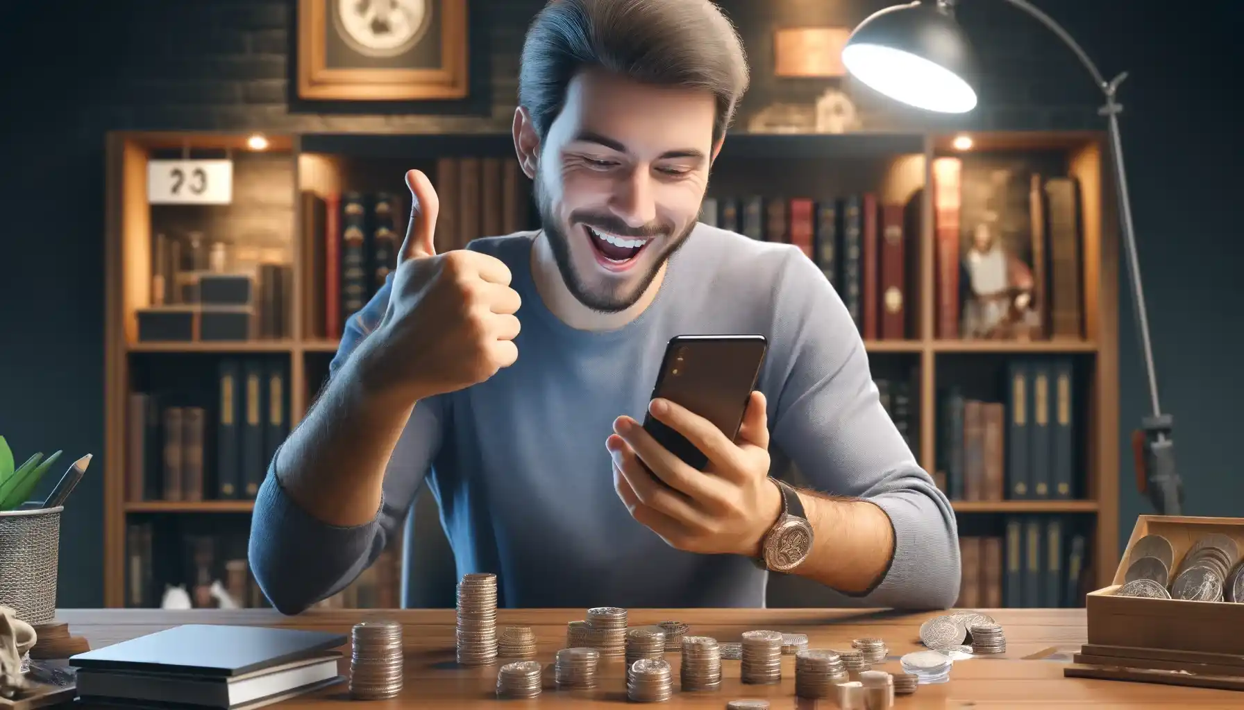 A coin collector is reading a notification from the bot via Telegram on his smartphone with a satisfied expression.