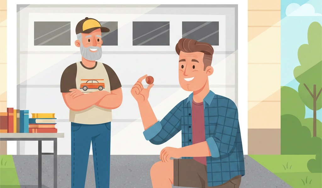 A middle-aged man at a weekend garage sale, discovering a 1987 penny