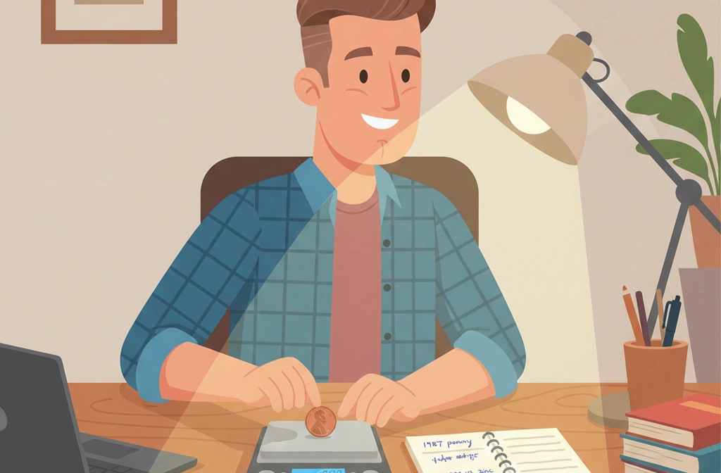 A collector at a tidy home desk weighing a 1987 penny on a small digital coin scale to check copper vs zinc composition